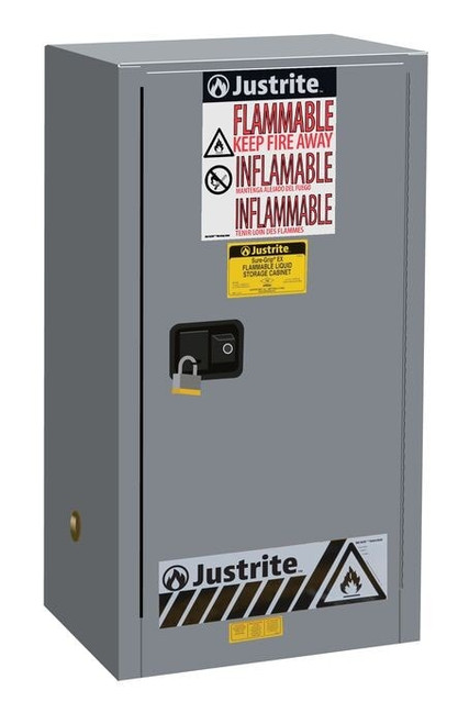 JUSTRITE 15 Gallon, 1 Shelf, 1 Door, Self Close, Flammable Cabinet, Sure-Grip® EX Compac, Gray - 891523