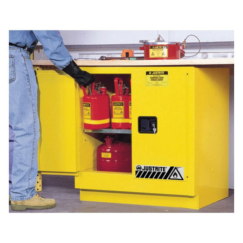 JUSTRITE 22 Gallon, 1 Shelf, 2 Doors, Manual Close, Flammable Cabinet, Sure-Grip® EX Under Counter, Yellow - 892300