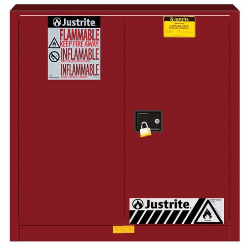 JUSTRITE 30 Gallon, 1 Shelf, 2 Doors, Manual Close, 35"H Flammable Cabinet, Sure-Grip® EX, Red - 893301