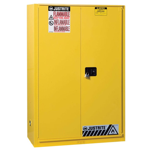 JUSTRITE 45 Gallon, 2 Shelves, 1 Bi-Fold Self-Close Door, Flammable Cabinet, Sure-Grip® EX, Yellow - 894580