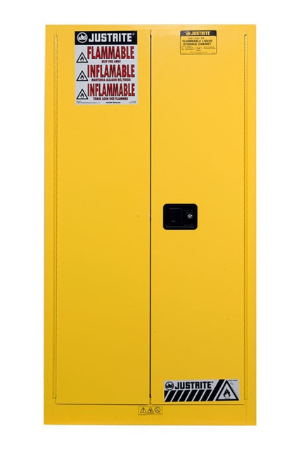 JUSTRITE 55 Gallon, 1 Drum Vertical, 1 Shelf, 2 Doors, Manual Close, Flammable Cabinet w/ Drum Support, Sure-Grip® EX, Yellow - 896200