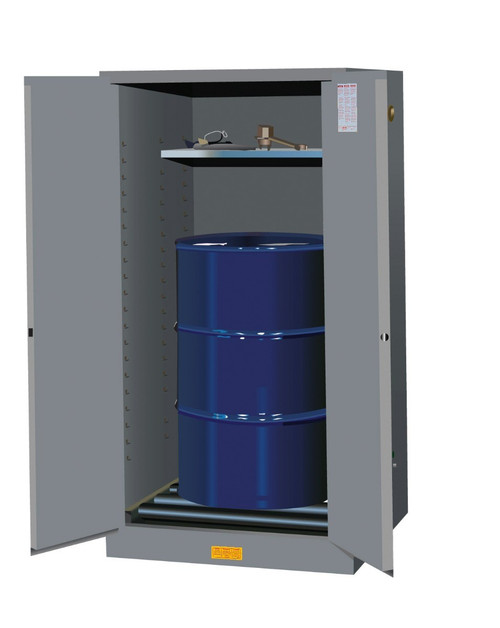 JUSTRITE 55 Gallon, 1 Drum Vertical, 1 Shelf, 2 Doors, Manual Close, Flammable Cabinet w/ Drum Rollers, Sure-Grip® EX, Gray - 896263