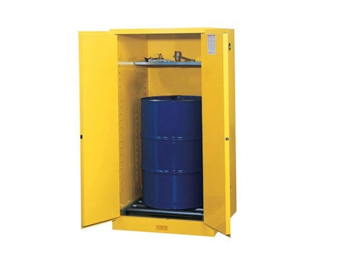 JUSTRITE 55 Gallon, 1 Drum Vertical, 1 Shelf, 2 Doors, Self-Close, Flammable Cabinet w/ Drum Rollers, Sure-Grip® EX, Yellow - 896270