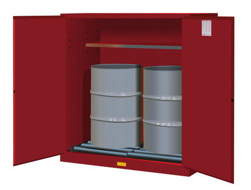 JUSTRITE 110 Gallon, 2 Drum Vertical, 1 Shelf, 2 Doors, Self Close, Flammable Cabinet With Drum Rollers, Sure-Grip® EX, Red - 899161