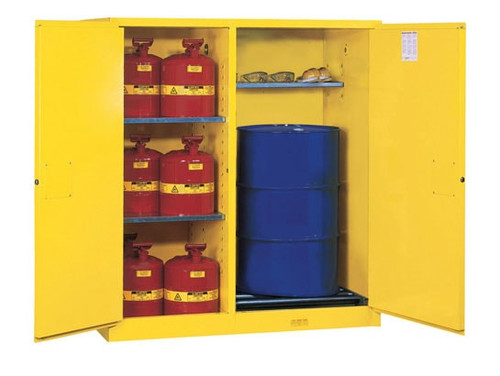 JUSTRITE 115 Gallon, 1 Drum, 3 Shelves, 2 Doors, Manual Close, Double Duty Flammable Cabinet with Drum Rollers, Sure-Grip® EX, Yellow - 899260