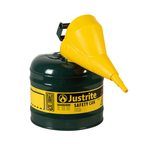 JUSTRITE 2 Gallon Steel Safety Can for Oil, Type I, Funnel, Flame Arrester, Green - 7120410