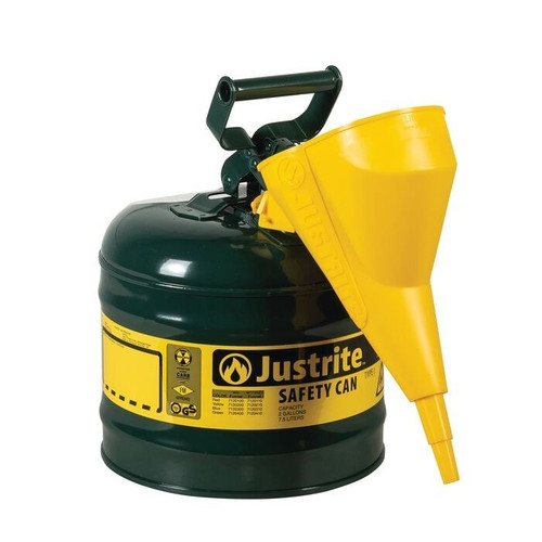 JUSTRITE 2 Gallon Steel Safety Can for Oil, Type I, Funnel, Flame Arrester, Green - 7120410