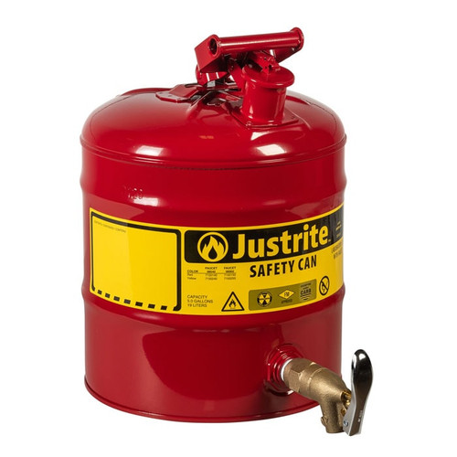 JUSTRITE 5 Gallon Steel Safety Can for Laboratories, Type I, Rigid Bottom Brass Faucet, Red - 7150150