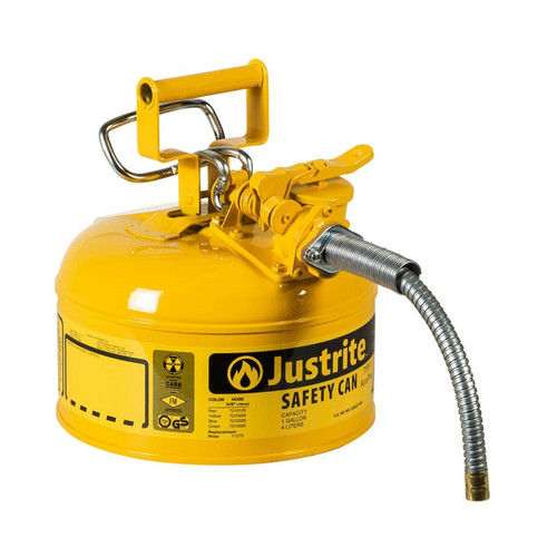 JUSTRITE 1 Gallon, 5/8" Metal Hose, Steel Safety Can for Diesel, Type II, AccuFlow™, Yellow - 7210220