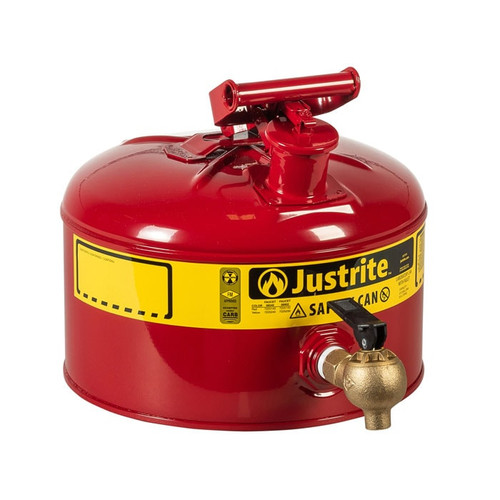 JUSTRITE 2.5 Gallon Steel Safety Can for Laboratories, Type I, Bottom Brass Flow-Control Faucet, Red - 7225140