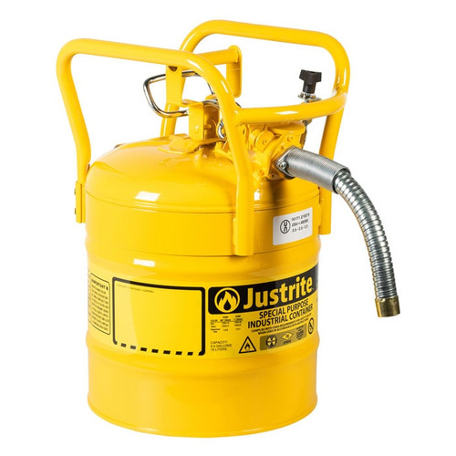 JUSTRITE 5 Gallon, 1" Metal Hose, Roll Bars, DOT Transport Steel Safety Can for Diesel, Type II, Accuflow™, Yellow - 7350230