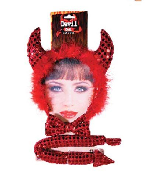 Sparkly Sequinned Devil Kit.  Horns, bow tie and tail