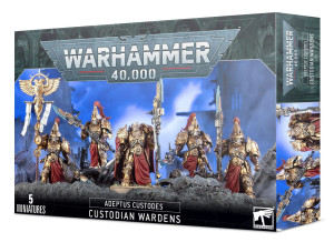 Warhammer 40,000 Adeptus Custodes Custodian Wardens miniature set from Games Workshop featuring elite golden-armoured warriors armed with guardian weapons.