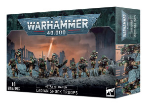 Warhammer 40,000 Astra Militarum Cadian Shock Troops miniature set from Games Workshop featuring elite Imperial Guard infantry armed with lasguns and battlefield equipment.