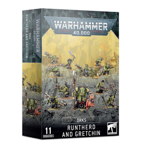 Warhammer 40,000 Orks Runtherd and Gretchin miniature set from Games Workshop featuring a mob of mischievous Grots led by a brutal Runtherd.