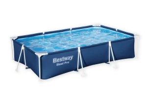 Bestway Steel Pro rectangular swimming pool installed in a family garden during summer.