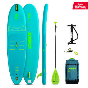 Jobe Aero Nera SUP Board Lite 10.6 complete inflatable paddle board package with paddle, leash, pump and backpack.