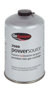 GoSystem Powersource 2500 threaded gas cartridge 445g with premium butane, isobutane and propane gas mix for camping stoves.