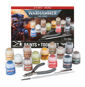 Complete Warhammer 40K hobby set containing 13 Warhammer Colour paints, modelling tools and a starter brush.