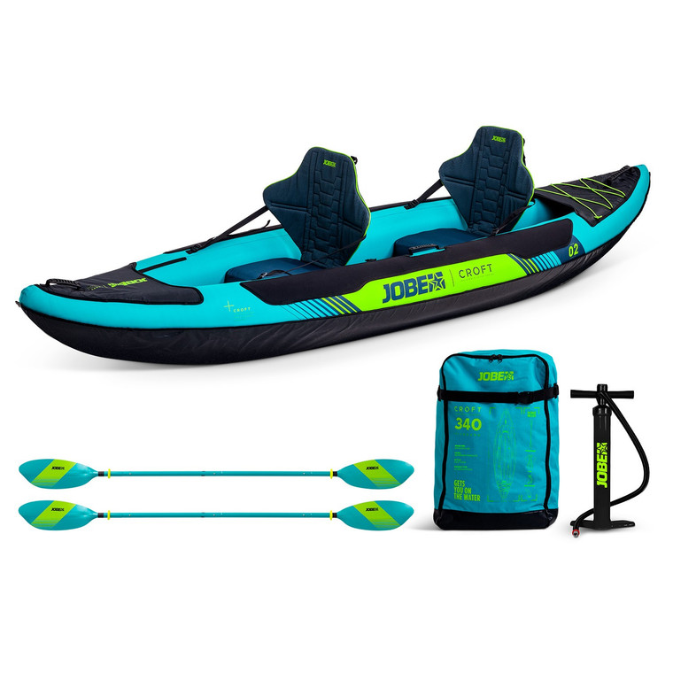Jobe Croft 340 inflatable kayak package complete with paddles, seats, pump and carry bag.
