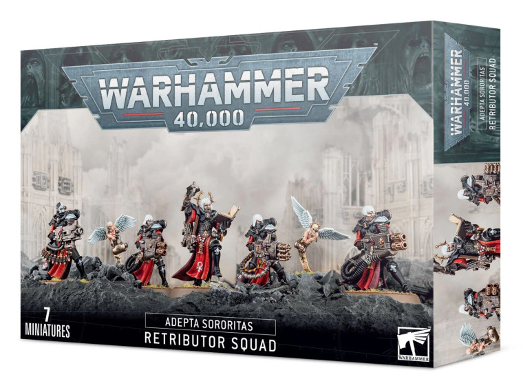 Warhammer 40,000 Adepta Sororitas Retributor Squad boxed miniature set from Games Workshop featuring elite Battle Sisters armed with heavy weapons for devastating battlefield fire support.