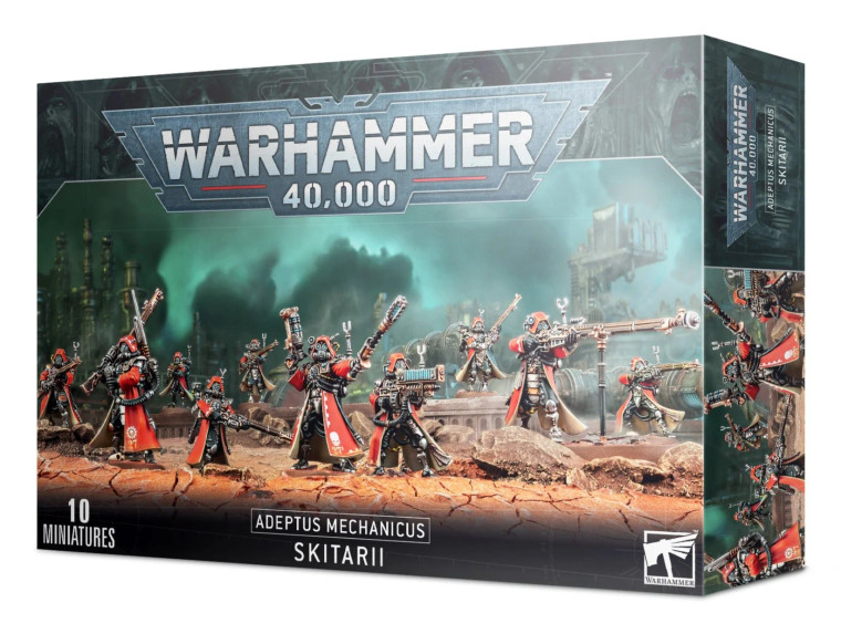 Warhammer 40,000 Adeptus Mechanicus Skitarii miniature set from Games Workshop featuring Skitarii Rangers and Skitarii Vanguard infantry.