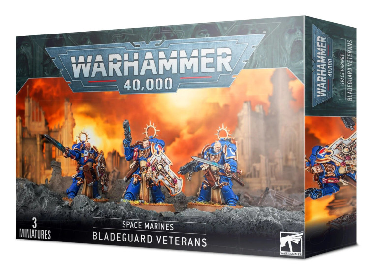Warhammer 40,000 Space Marines Bladeguard Veterans miniature set from Games Workshop featuring elite veteran warriors armed with power swords and storm shields.