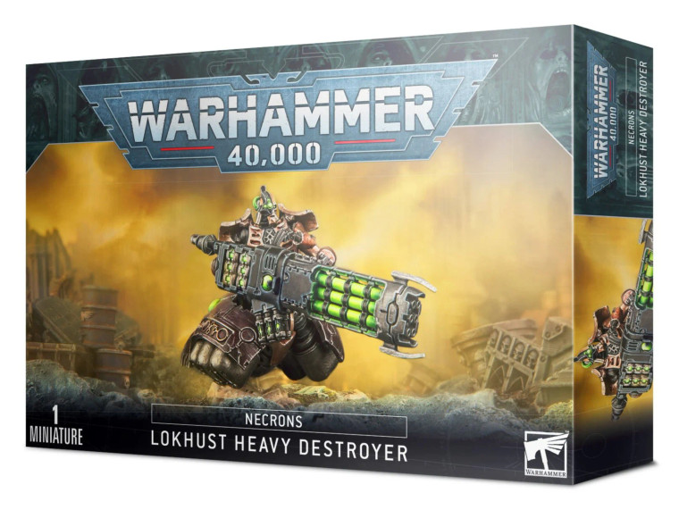 Warhammer 40,000 Necrons Lokhust Heavy Destroyer miniature from Games Workshop featuring a heavily armed floating destroyer equipped with devastating ranged weaponry.
