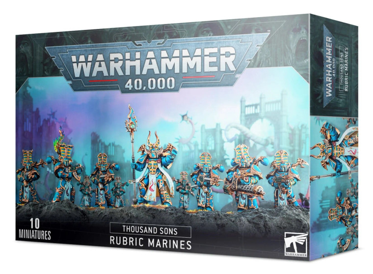 Warhammer 40,000 Thousand Sons Rubric Marines miniature set from Games Workshop featuring arcane Chaos Space Marines clad in ornate armour and armed with infernal weaponry.