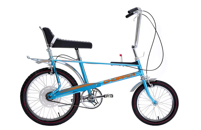 The Raleigh Chopper Space Blue heritage bicycle featuring iconic MK2 styling, high-rise handlebars, oversized saddle, and classic retro design.