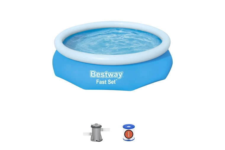 Bestway Fast Set inflatable swimming pool installed in a family garden and ready for summer use.