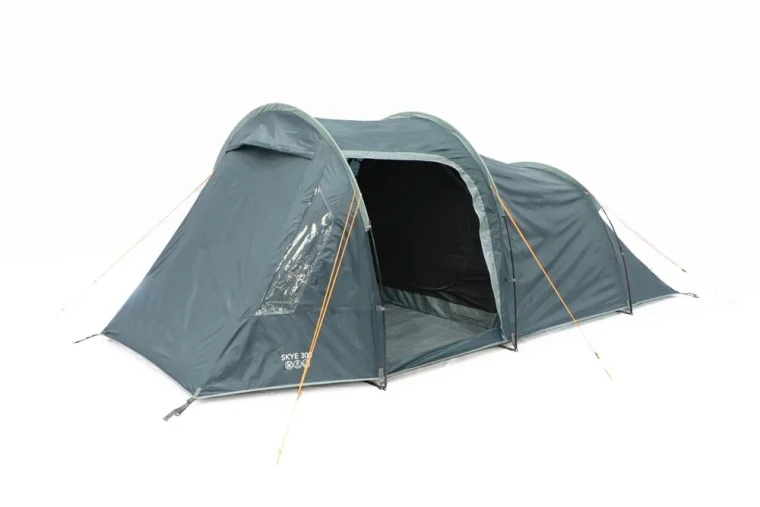 Vango Skye 300 lightweight 3-person tunnel tent featuring a spacious porch area, waterproof construction and easy pitching design for camping and festivals.