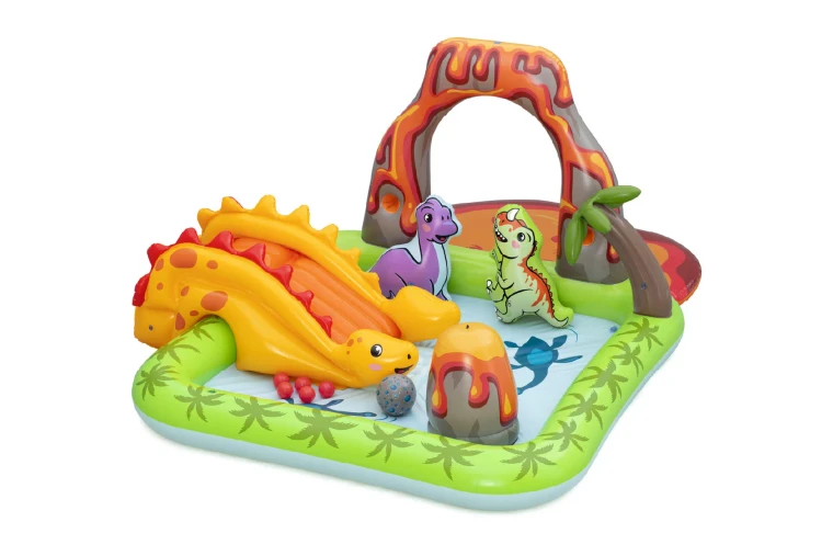 Bestway Volcano Springs dinosaur-themed inflatable paddling pool with interactive water sprayer, slide and splash area for children.