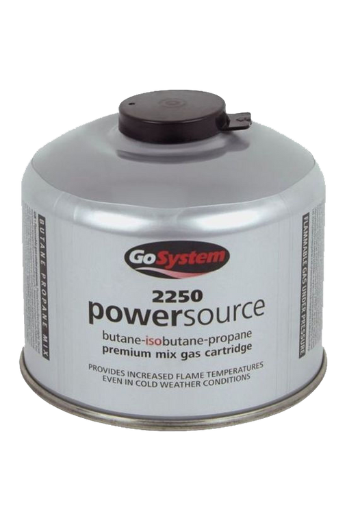 GoSystem Powersource 220g butane propane gas cartridge with bayonet fitting for camping stoves and outdoor cooking.