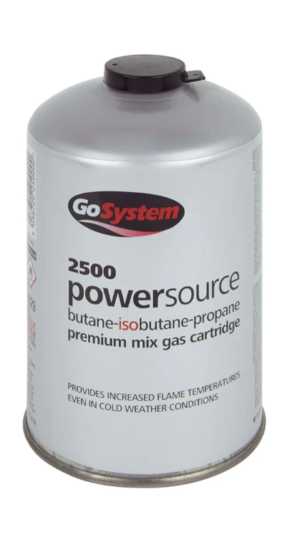 GoSystem Powersource 2500 threaded gas cartridge 445g with premium butane, isobutane and propane gas mix for camping stoves.