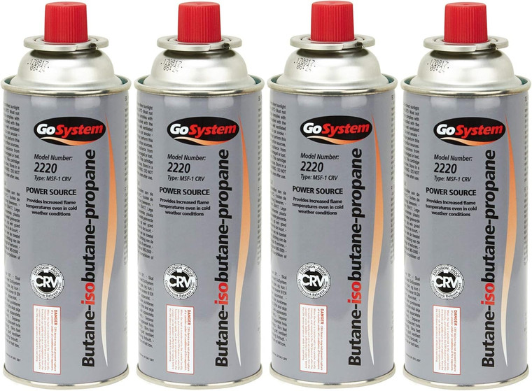GoSystem 2220 bayonet gas cartridges 227g pack of 4 with an iso-butane and propane gas mix for camping stoves and portable gas burners.