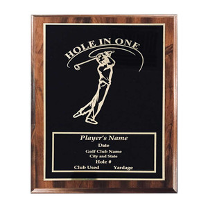 Hole in One golf plaque crafted in beautiful walnut wood with black overlay. Hole in One golf plaque crafted in beautiful walnut wood with black overlay.
