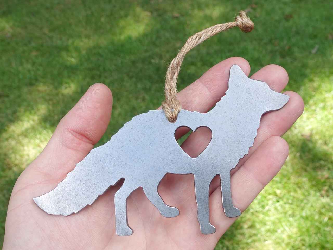 Personalized Fox Ornament Raw Steel - Woodland Animal Decor - Fox Hanging Decoration - Metal Fox Christmas Ornament - Cabin Decor Fox Gift