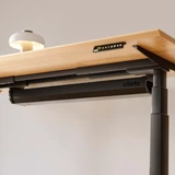 ofinto Kabelmanagement-System Schwarz geschlossen am höhenverstellbaren Schreibtisch Elevate - Detailaufnahme der schwarzen Kabelwanne unter FSC-zertifizierter Holztischplatte mit Bedienfeld und Schreibtischlampe