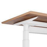 ofinto Elevate höhenverstellbarer Schreibtisch - Frontansicht mit weißem T-Gestell und Walnuss-Holztischplatte mit Kabelmanagement-System