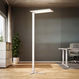 ofinto Stehlampe Lumino Weiss freistehend - moderne LED-Standleuchte mit rechteckigem Leuchtpanel und schlankem Metallfuß, ergonomische Bürobeleuchtung neben höhenverstellbarem Schreibtisch und ergonomischem Bürostuhl in minimalistischem Home Office