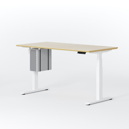 ofinto PC-Halterung Weiss an höhenverstellbarem Schreibtisch Elevate montiert - höhenverstellbare CPU-Halterung mit Ablage am weißen Tischgestell, ergonomisches Zubehör für ordentlichen Arbeitsplatz mit natürlicher Holz-Tischplatte