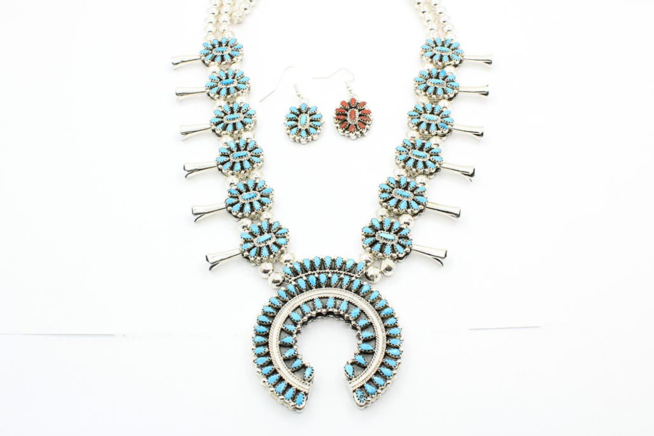 1960s Native American Navajo Made Squash Blossom Necklace and Earrings at  Kachina House