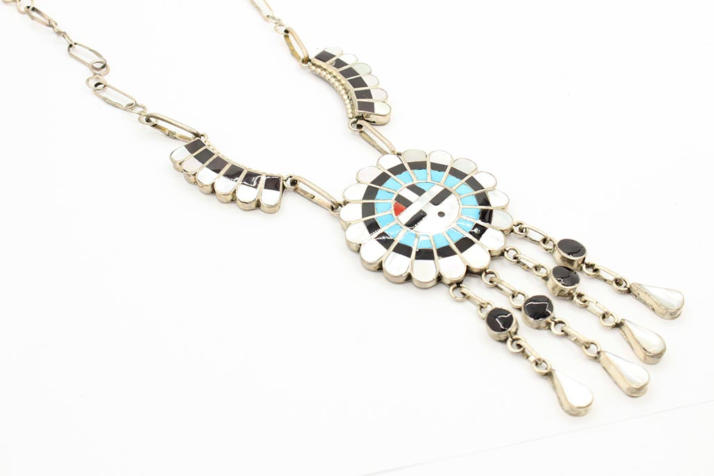 Sterling Silver Zuni Sunface Necklace and Earring set 072624