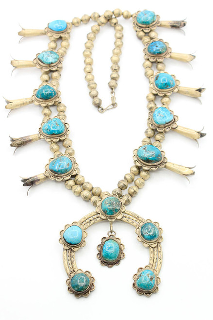 Vintage Silver Squash Blossom Necklace with Natural Blue Turquoise | True  West Gallery