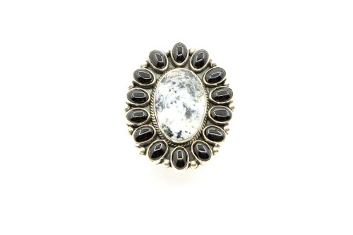 Cluster White Buffalo & Onyx Silver Ring 111721