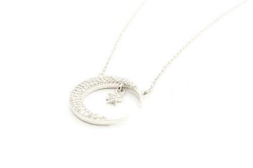 14K White Gold Crescent and Star Necklace 071122