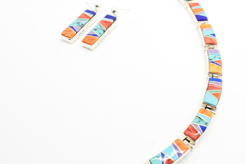 Double Sided Inlay and Plain Silver Necklace and Earring set 111622 Double Sided Inlay and Plain Silver Necklace and Earring set 111622