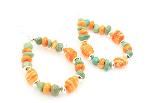 Orange Oyster Shell and Green Turquoise Hoops 040723