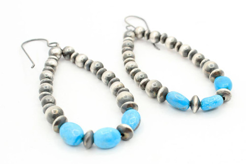Navajo Turquoise and Silver Pearls Hoop Earring 040723